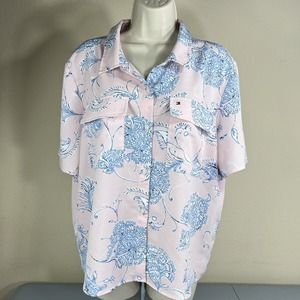 Tommy Hilfiger Women Shirt 100% Polyester Pink Blue Short Sleeve Pockets XXL